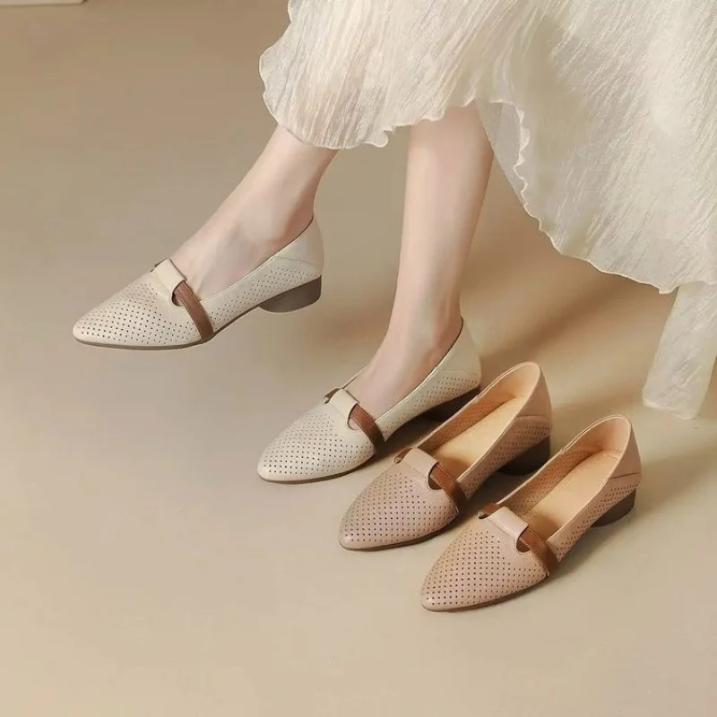Women's Pointed Toe Low Heel Shoes Less Than 3cm Square Heel Slip On Shallow Cut Low Top Rubber Sole Comfort Casual Footwear