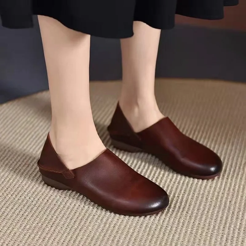 Women Square Low Heel Slip On Shoes 1 3cm PU Leather Deep Round Toe Rubber Sole Comfortable Casual Daily Walking Footwear