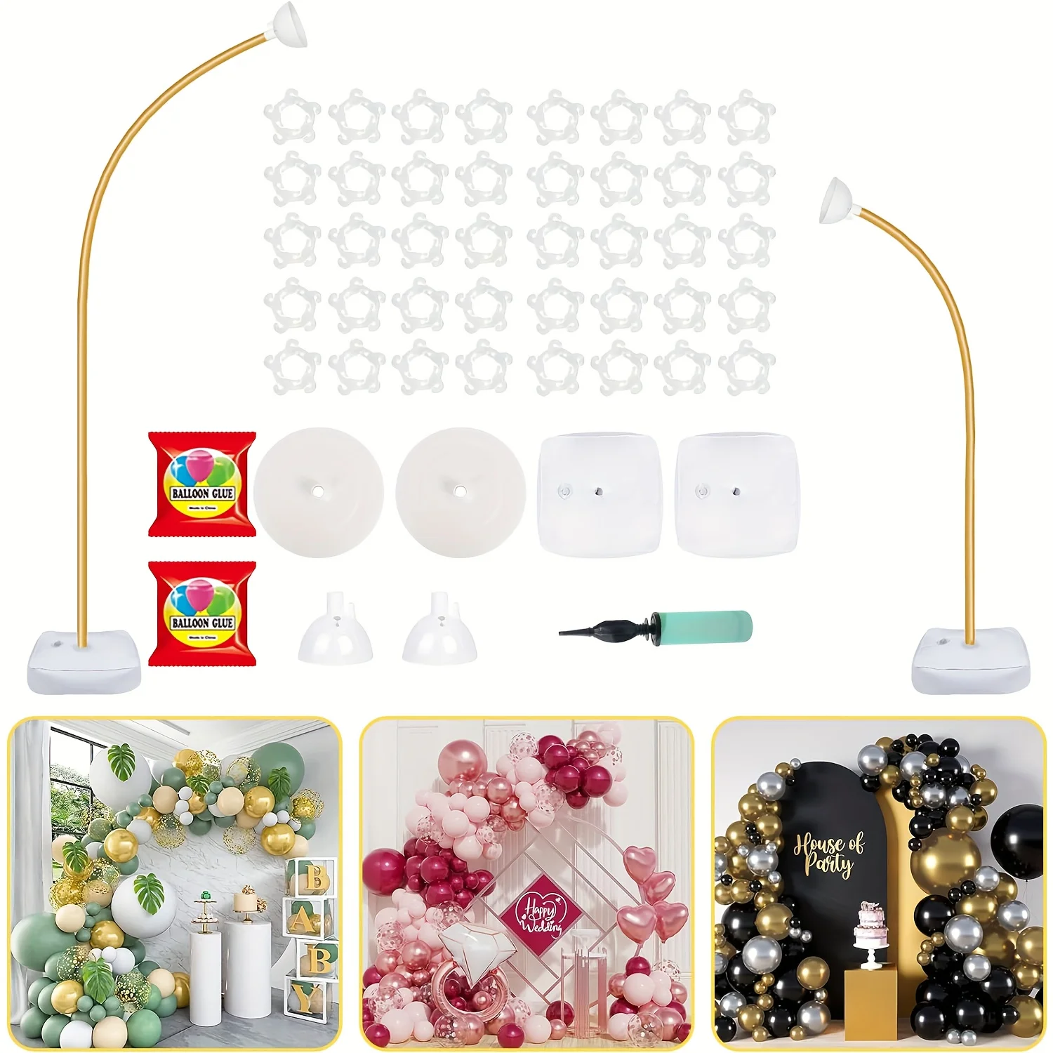 9.35ft & 6ft Golden Balloon Arch Stand, Free Bending Shape Balloon Arch Kit, Half Arch Balloon Stand with Base for Floor, Ideal for Wedding Birthday Graduation 4th of July Decoration