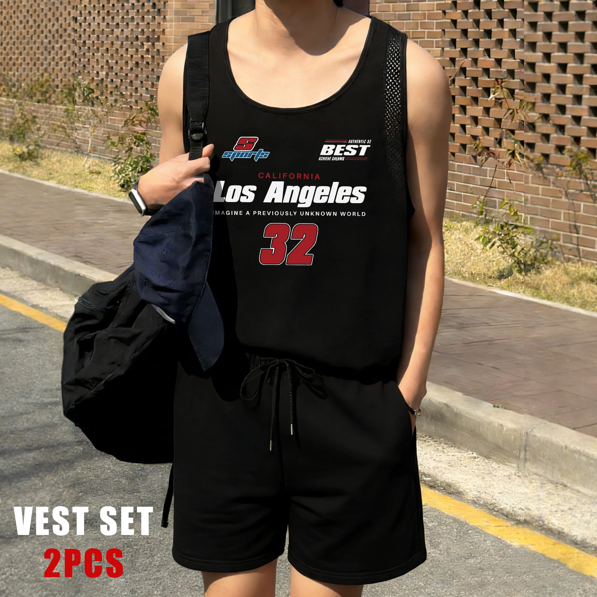Los Angeles California Number 32 Print Men Reticular Vest Set Sport Shorts Soft Singlets Fashion Sleeveless Tee Unisex Clothing