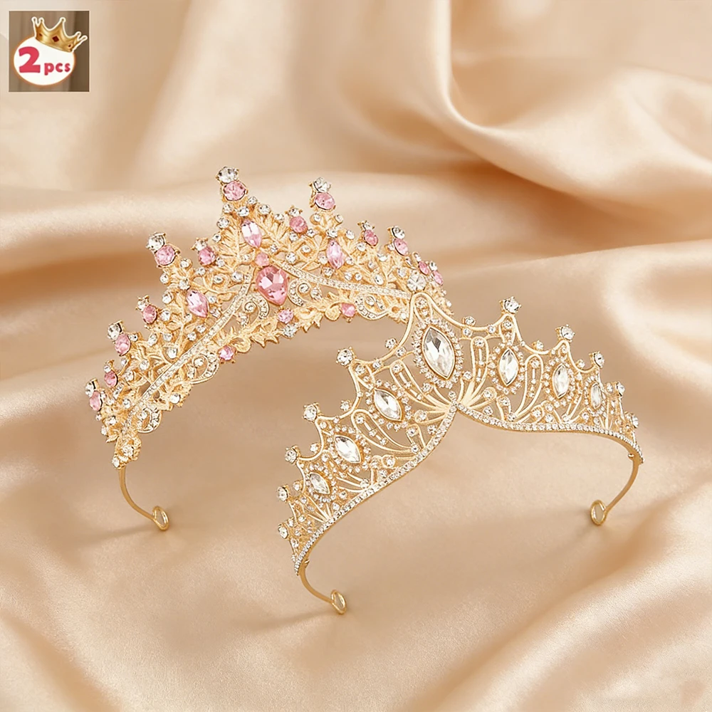 Luxurious Sweet Rainbow Crystal Crown Set Gold Silver Double Color Princess Crown Bridal Wedding Birthday Party Dress Headwear