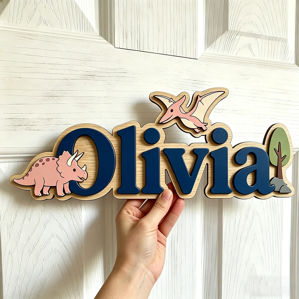 Personalized Dinosaur Name Sign for The Best Baby, Wooden Nursery Decor with Triceratops & Pterodactyl, Unique Kids Door Plaque,