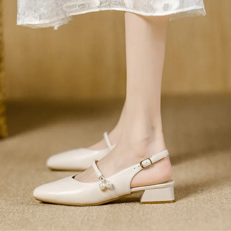 Women's Slingback Mary Janes Square Toe Block Heel Pearl Detail Strap Office Dress Shoes Professional Footwear Slip on Work New