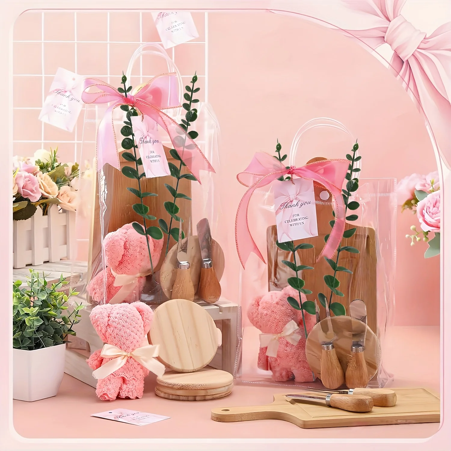 Gift for Her/Him Shower Prizes for Winners Gifts, Bamboo Cheese Board Fork Knives Coasters Towel Thanks Card Gift Bag, Tote Bag Packs for Bridal Shower Wedding Guests, Bridesmaids, Bridal Shower Party Favors for Guests, Event & Party Supplies