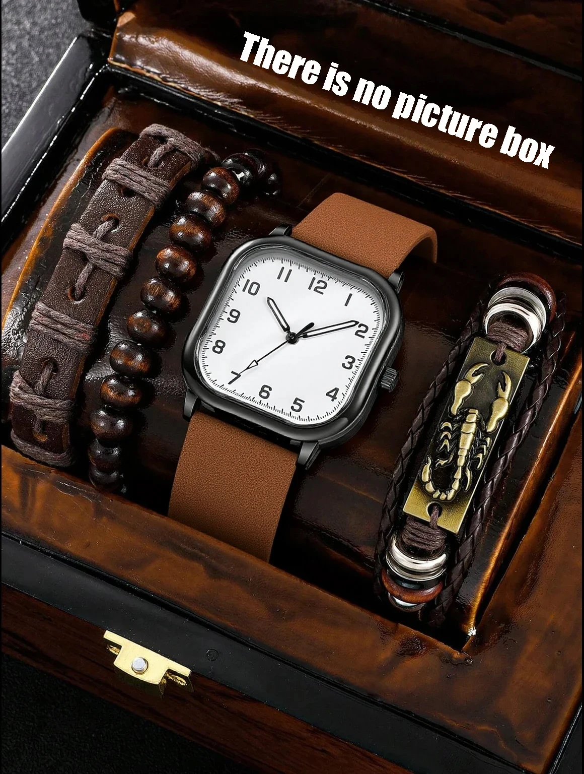No gift box; men's leather strap watches and bracelets four-piece set; suitable for holiday gifts.