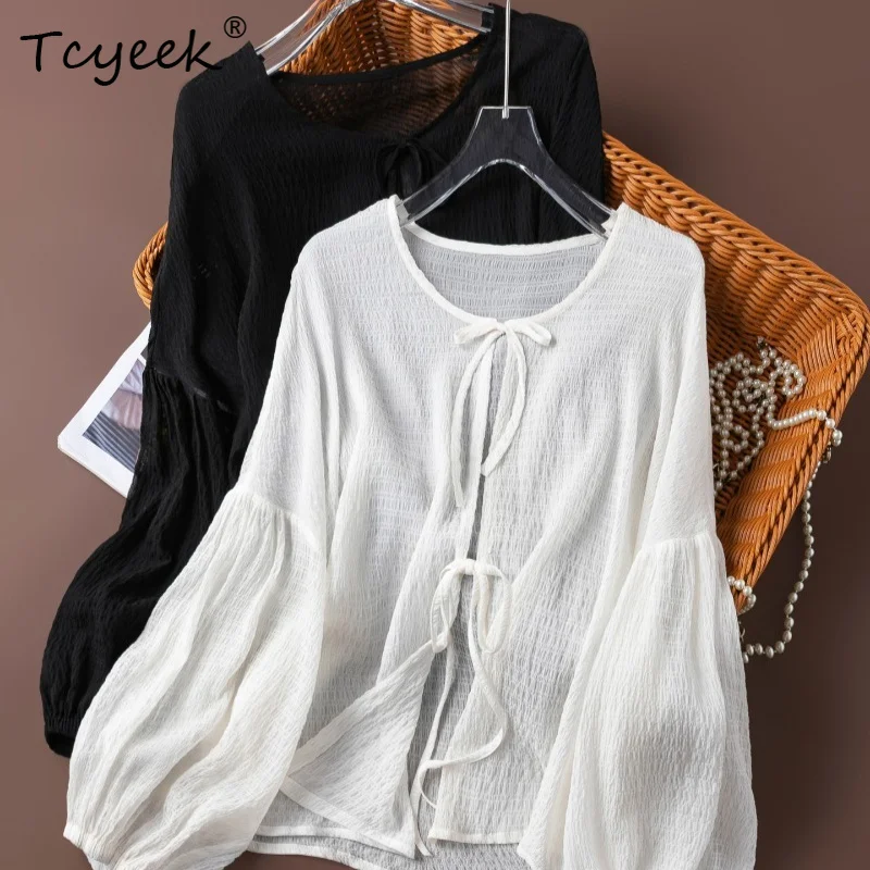Tcyeek 100% Real Mulberry Silk Woman Tops 2026 Spring Texture Tie Lantern Sleeves Sun Protection Coat Female Clothing Ropa Mujer