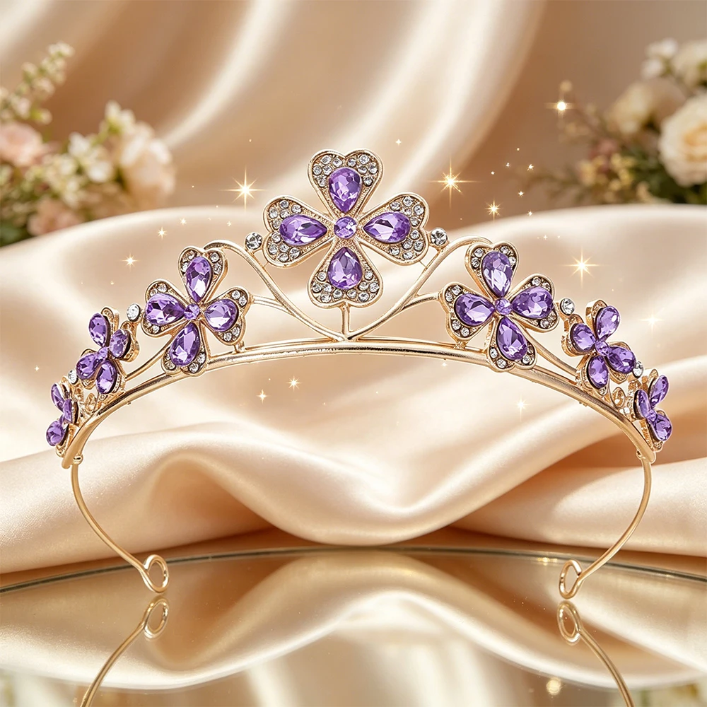 Four Leaf Clover Crystal Bridal Tiara Sparkling Lucky Floral Queen Crown Elegant Vintage Headpiece Wedding Birthday Events