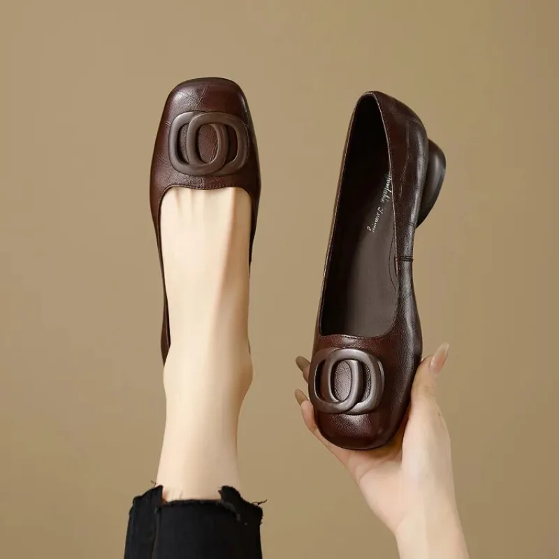French Style Women Shoes Pumps Leather Shoes for Women Square Head Fashion Shoes Woman Footwear