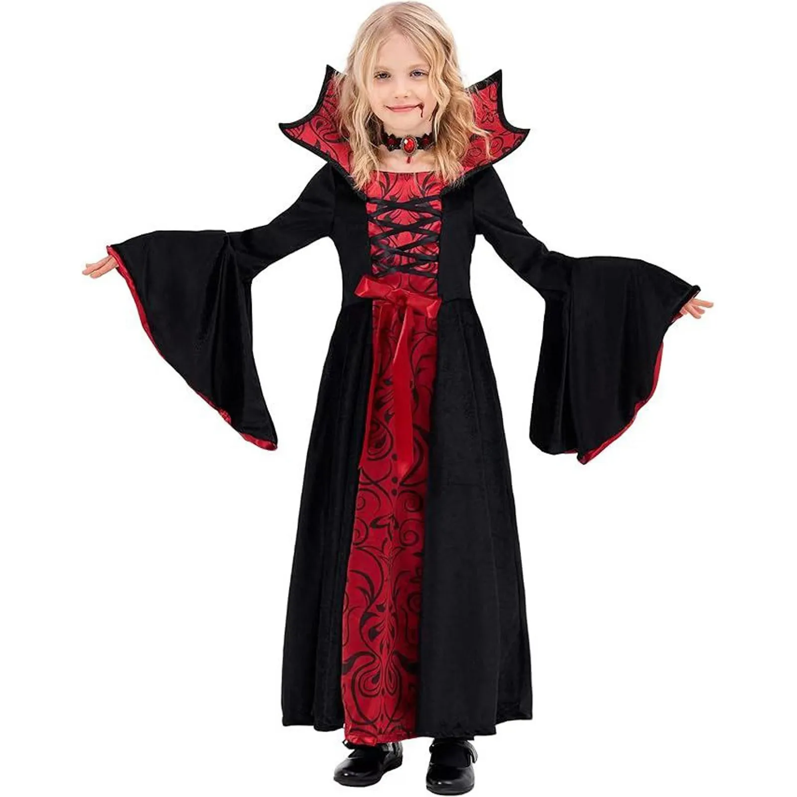 Girls Halloween Vampire Cosplay Dress Necklace Set Kid Witch Horror Role Play Performance Carnival Long Sleeve Clothing