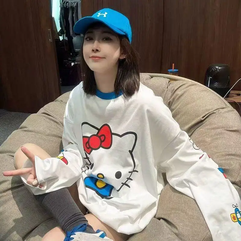 Long-Sleeved Hello Kitty Summer New Style Cartoon Cute Printed T-Shirt for Women Popular Loose Sun Protection Clothing Thin Tops
