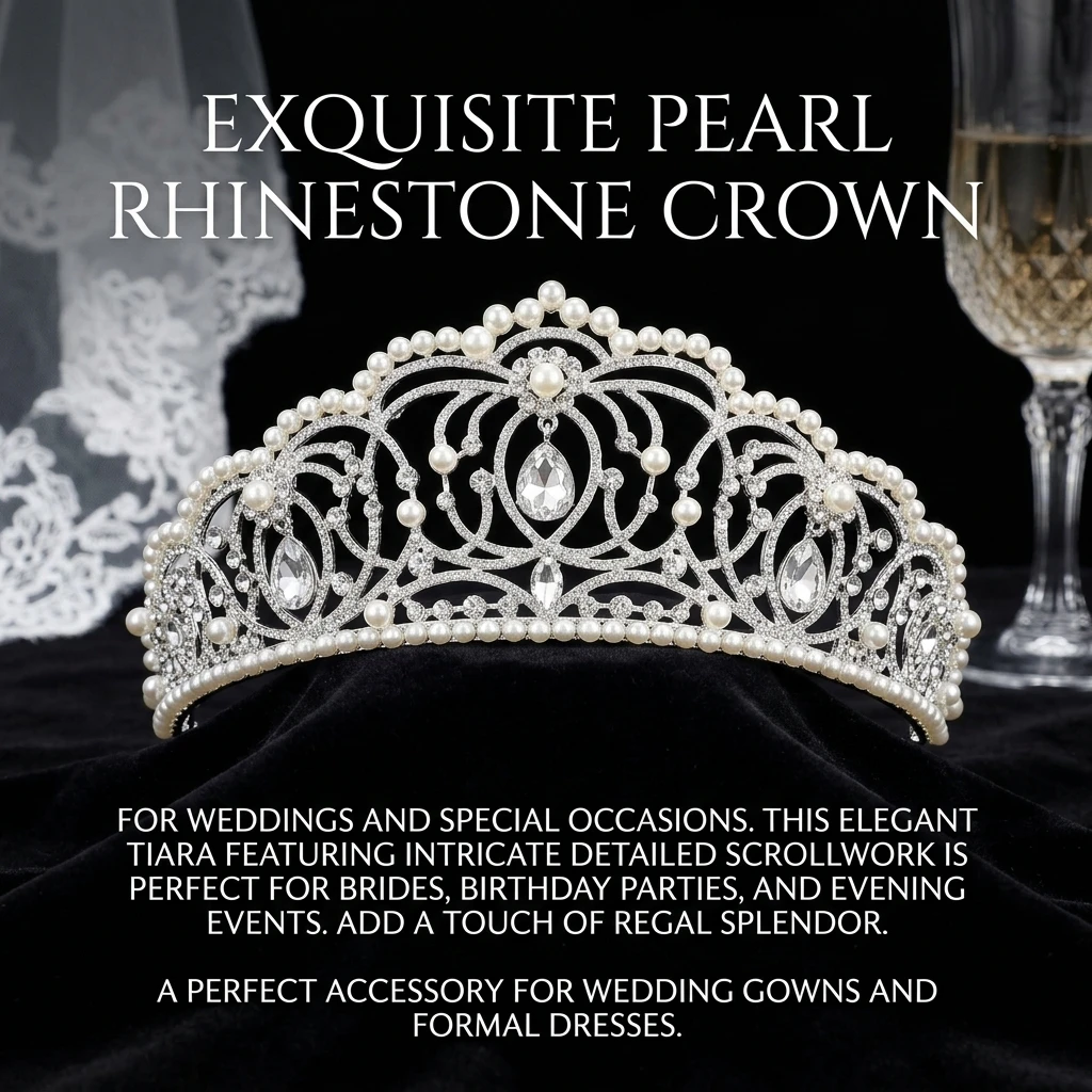 Rhinestone Crown for Wedding Bride Elegant Pearl Tiara Hairpiece Bridal Headband Accessories for Party Prom Formal Events