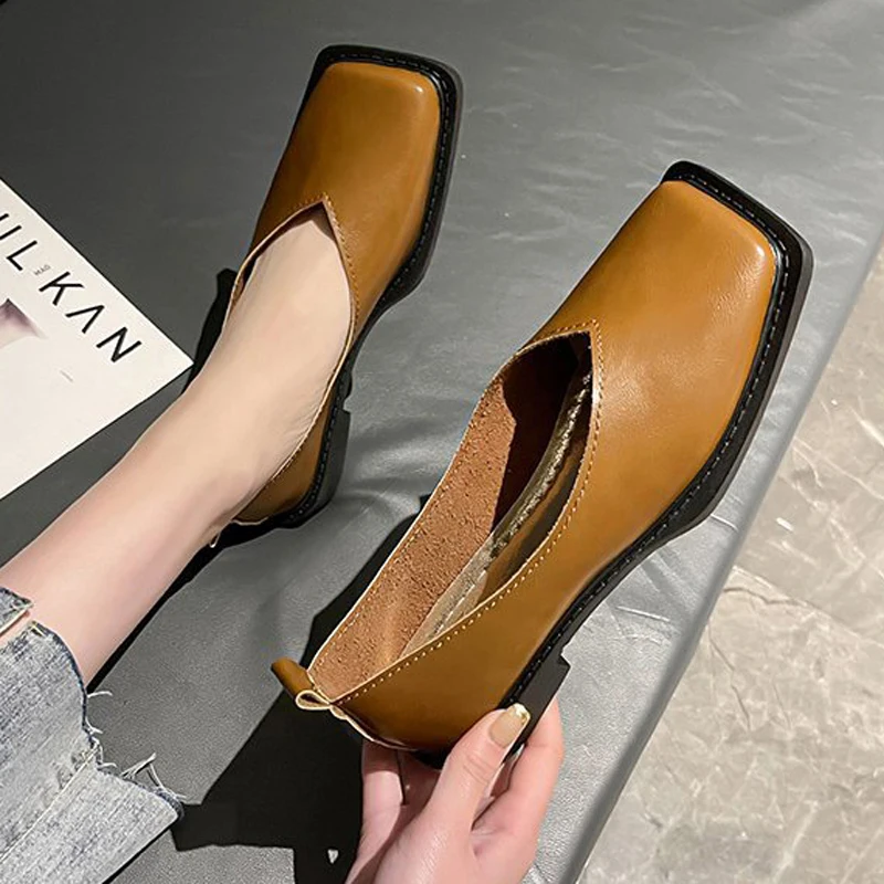 Roman Women Low Heel Pumps Ladies Female Footwear Flat Shoes Square Toe Autumn Casual Sneaker Shallow Mouth Soft Retro Fall PU