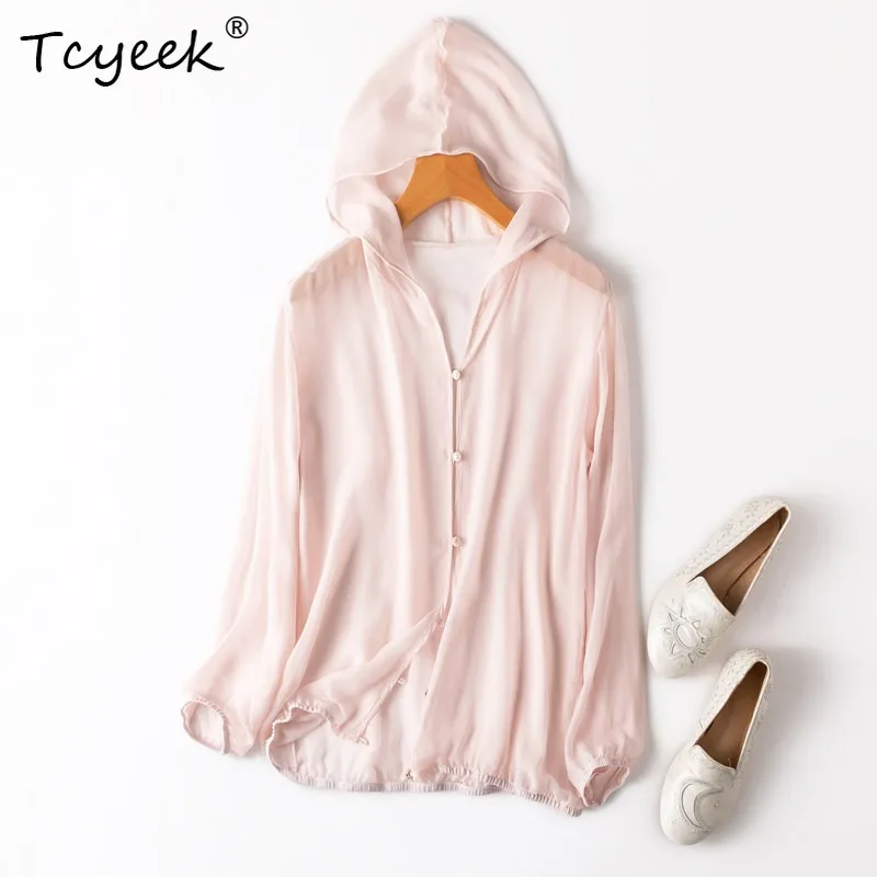 Tcyeek 100% Real Mulberry Silk Woman Tops 2026 Summer Breathable Hooded Light Pink Sun Protection Top Female Clothing Ropa Mujer