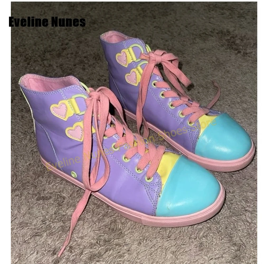 Y2K Girl Sweet High Top Sneakers Color Block Heart Applique Lace Up Shoes Festival Street Party Women Cute Casual Footwear 2026