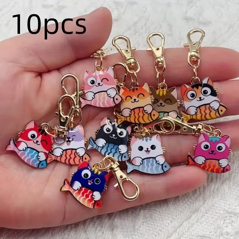 10pcs alloy printed cat keychain, suitable for bag, wallet hanging accessories, the best choice for gifts