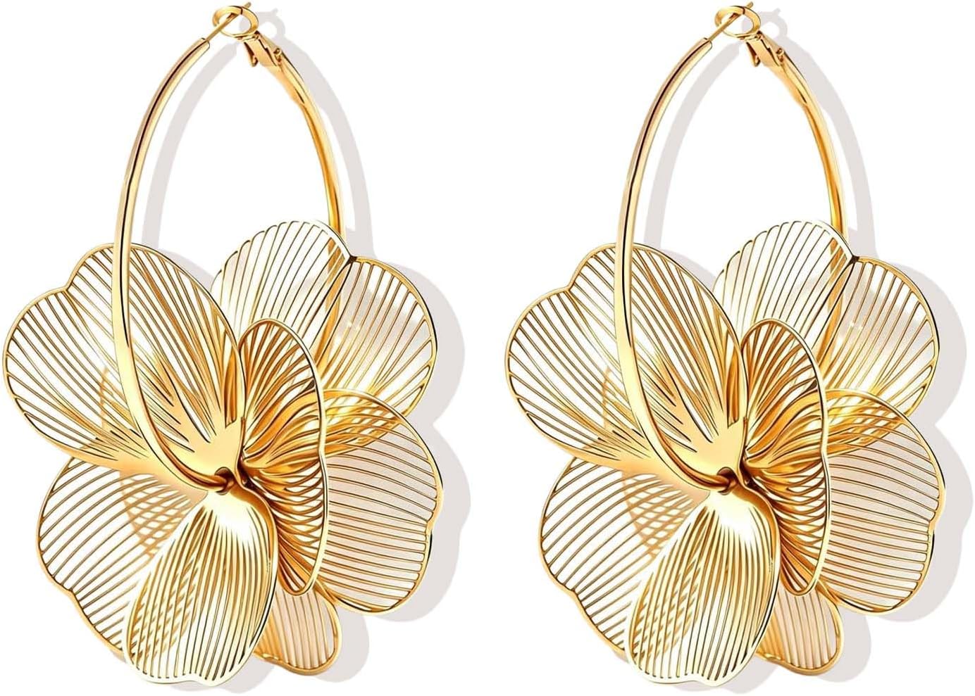 Gold Flower Dangle Earrings for Women Trendy Statement Hoop Earring Jewelry | Hypoallergenic Silver Post Earrings for Sensitive Ears Non Tarnish Lightweight Floral Hoop Earring - Image 6