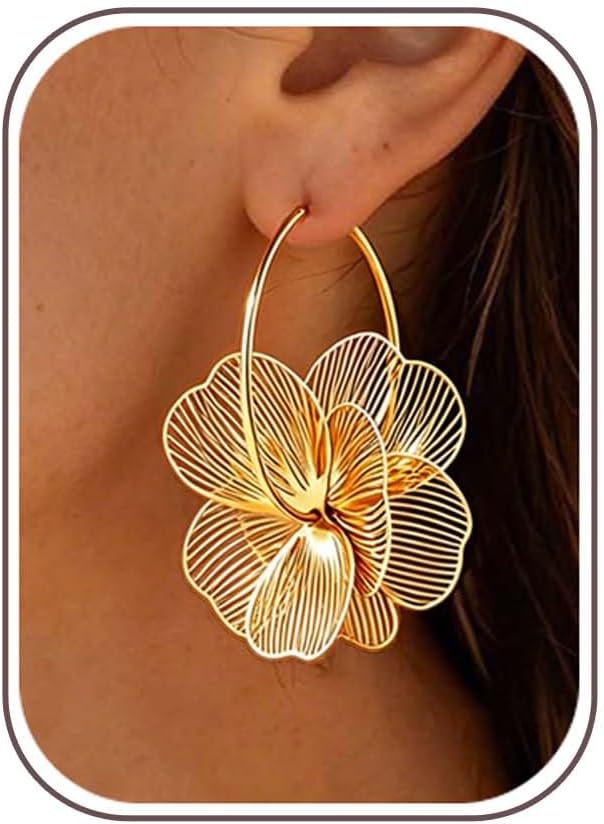 Gold Flower Dangle Earrings for Women Trendy Statement Hoop Earring Jewelry | Hypoallergenic Silver Post Earrings for Sensitive Ears Non Tarnish Lightweight Floral Hoop Earring - Image 8