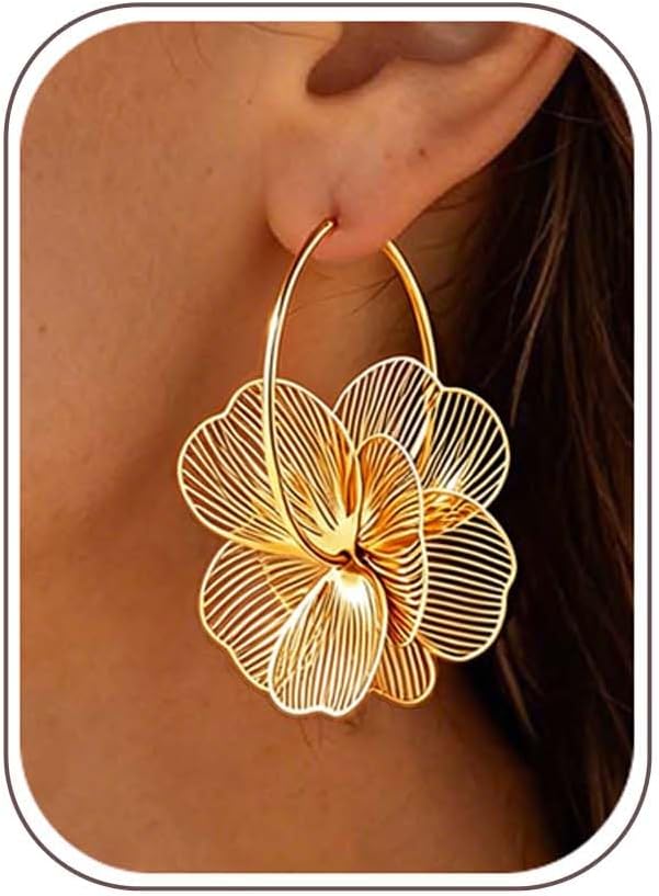 Gold Flower Dangle Earrings for Women Trendy Statement Hoop Earring Jewelry | Hypoallergenic Silver Post Earrings for Sensitive Ears Non Tarnish Lightweight Floral Hoop Earring - Image 9