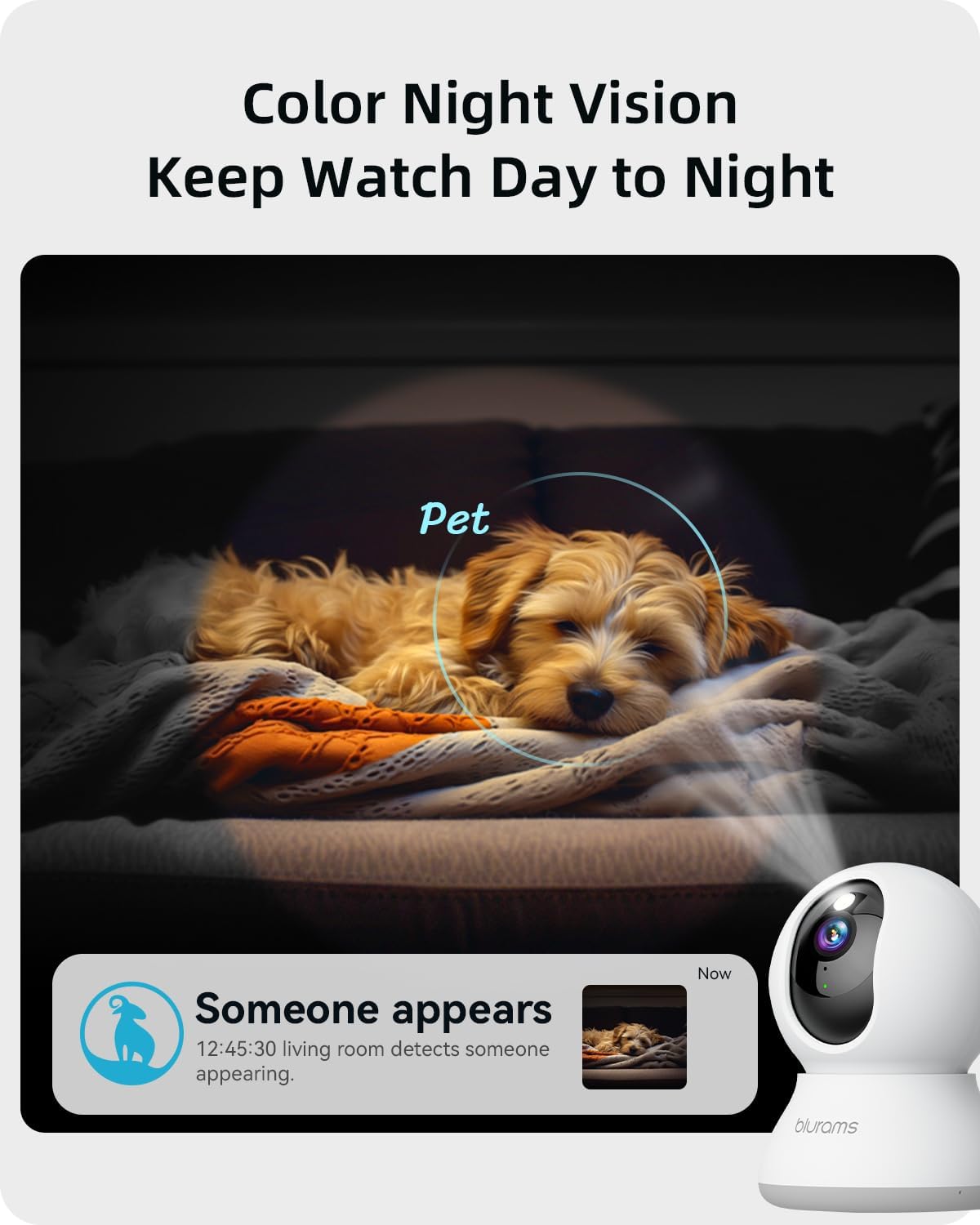 Security Camera 2K, blurams Baby Monitor Dog Camera 360-degree for Home Security w/Smart Motion Tracking, Phone App, IR Night Vision, Siren, Works with Alexa & Google Assistant & IFTTT, 2-Way Audio - Image 3