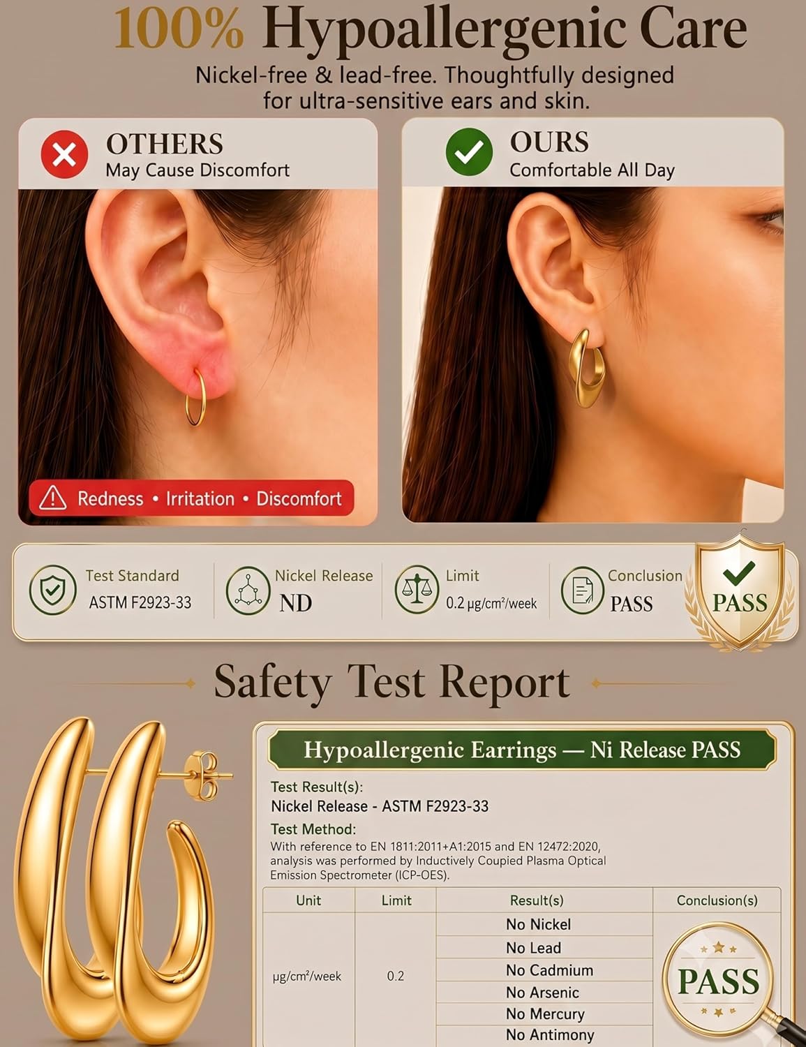 Musment® Gold Earrings for Women,14K Gold Plated Chunky Teardrop Hoop Stud Earrings for Sensitive Ears, Hypoallergenic Trendy Statement Jewelry Gift with Box for Daily Wear - Image 3