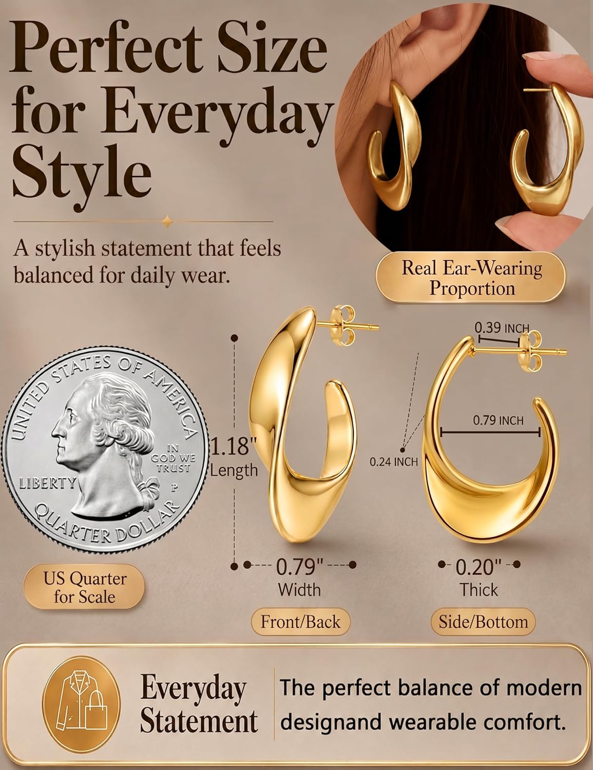 Musment® Gold Earrings for Women,14K Gold Plated Chunky Teardrop Hoop Stud Earrings for Sensitive Ears, Hypoallergenic Trendy Statement Jewelry Gift with Box for Daily Wear - Image 4