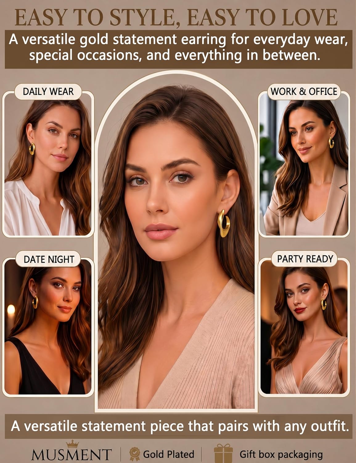 Musment® Gold Earrings for Women,14K Gold Plated Chunky Teardrop Hoop Stud Earrings for Sensitive Ears, Hypoallergenic Trendy Statement Jewelry Gift with Box for Daily Wear - Image 5