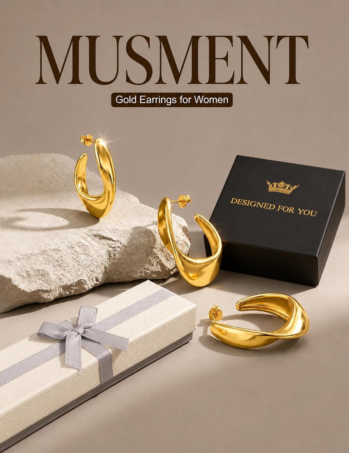 Musment® Gold Earrings for Women,14K Gold Plated Chunky Teardrop Hoop Stud Earrings for Sensitive Ears, Hypoallergenic Trendy Statement Jewelry Gift with Box for Daily Wear - Image 6