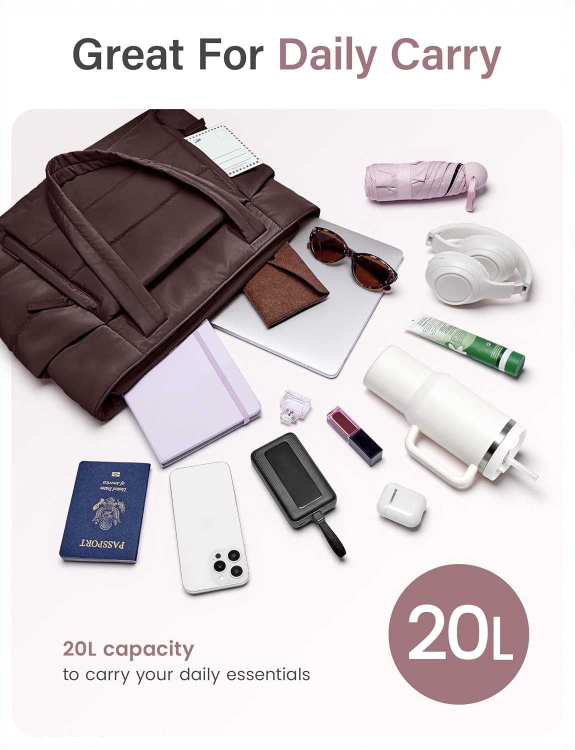 Uselike Tote Bag for Women with Zipper, Quilted Puffer Tote Bag with Compartments, Lightweight Puffy Work Bags for Women - Image 3