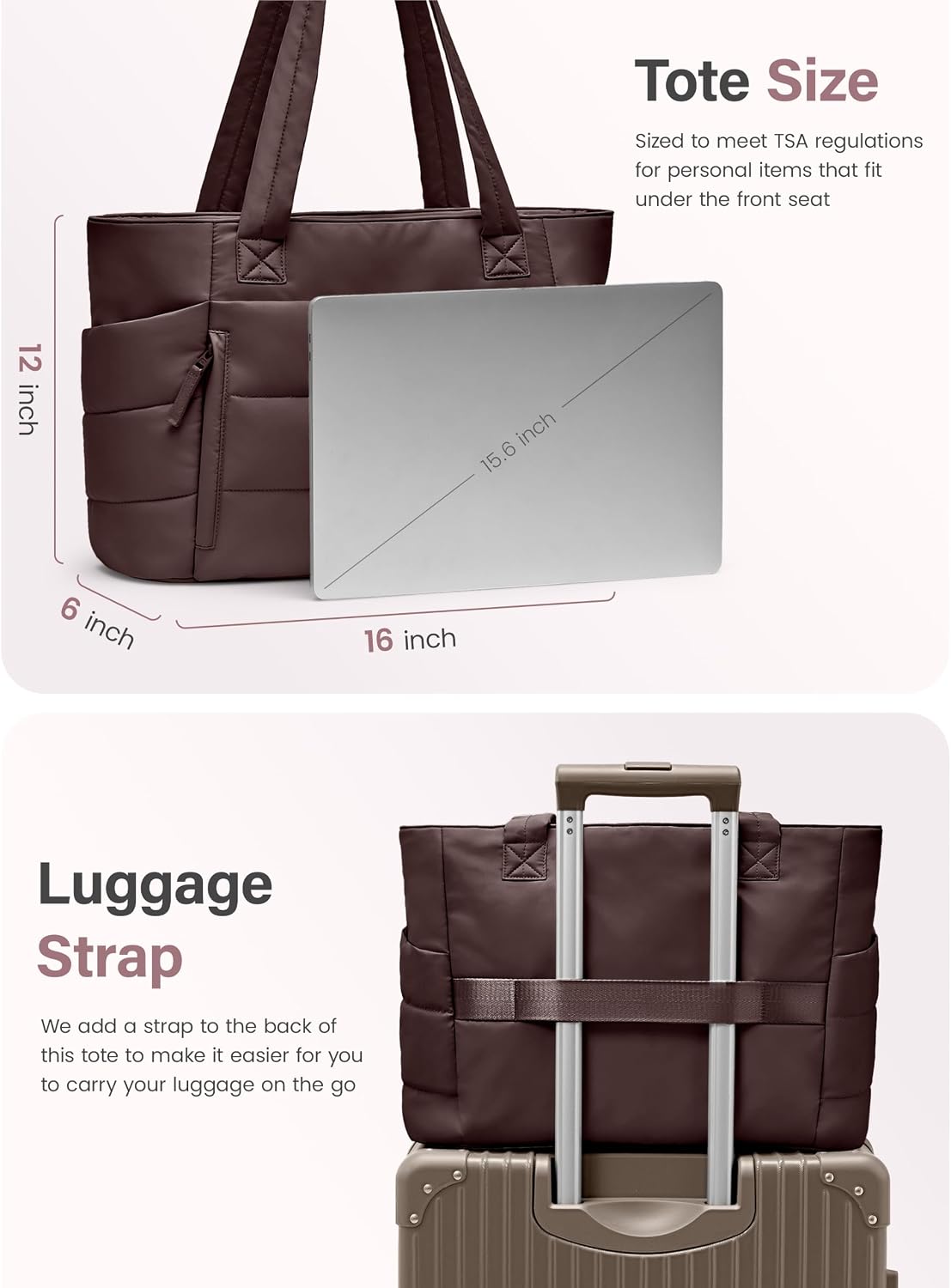 Uselike Tote Bag for Women with Zipper, Quilted Puffer Tote Bag with Compartments, Lightweight Puffy Work Bags for Women - Image 6