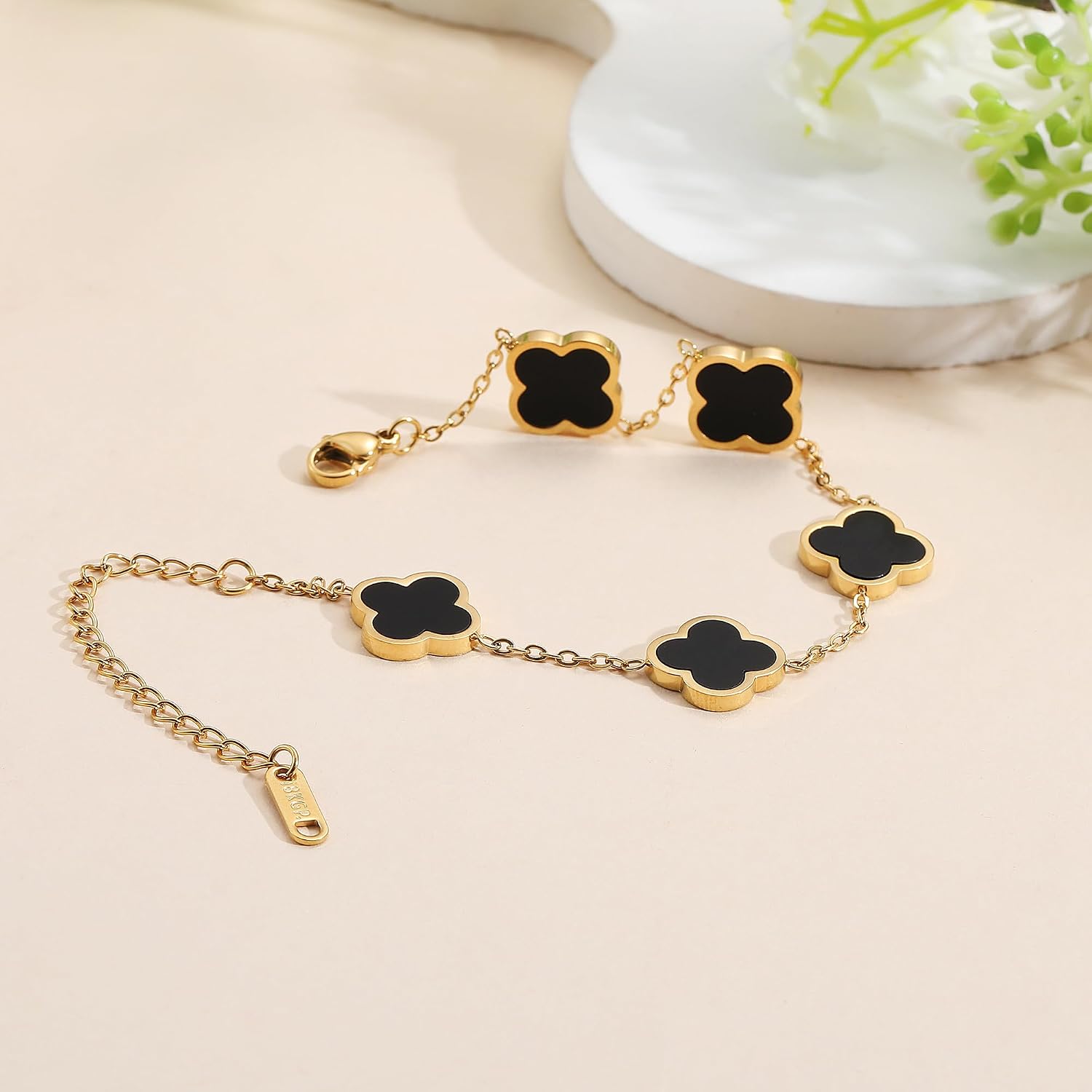 AIPPK 18K Gold Plated Clover Lucky Bracelet for Women White/Black/Red/Green Flower Four Leaf Link Bracelets Trendy Jewelry Gifts for Women - Image 3