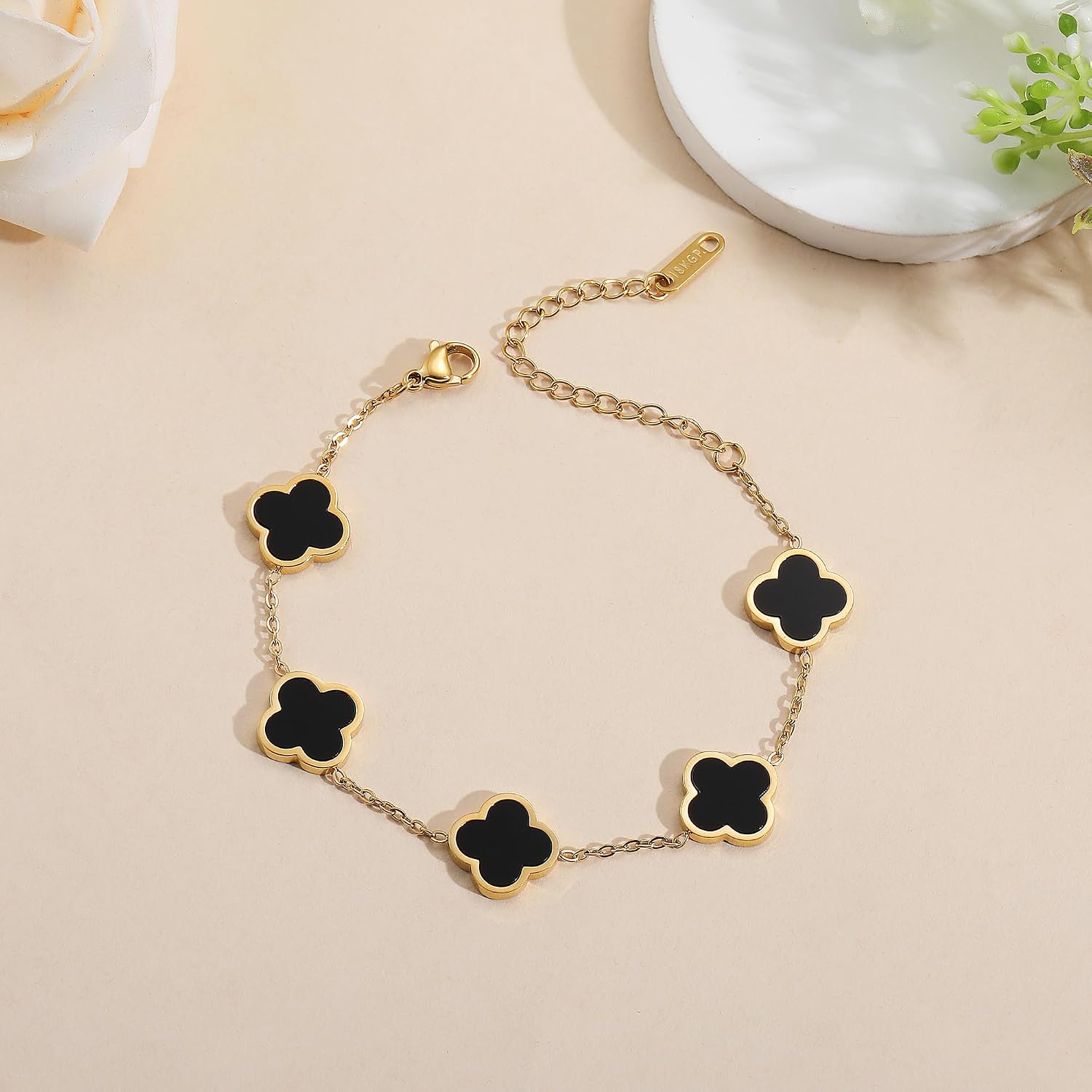 AIPPK 18K Gold Plated Clover Lucky Bracelet for Women White/Black/Red/Green Flower Four Leaf Link Bracelets Trendy Jewelry Gifts for Women - Image 4