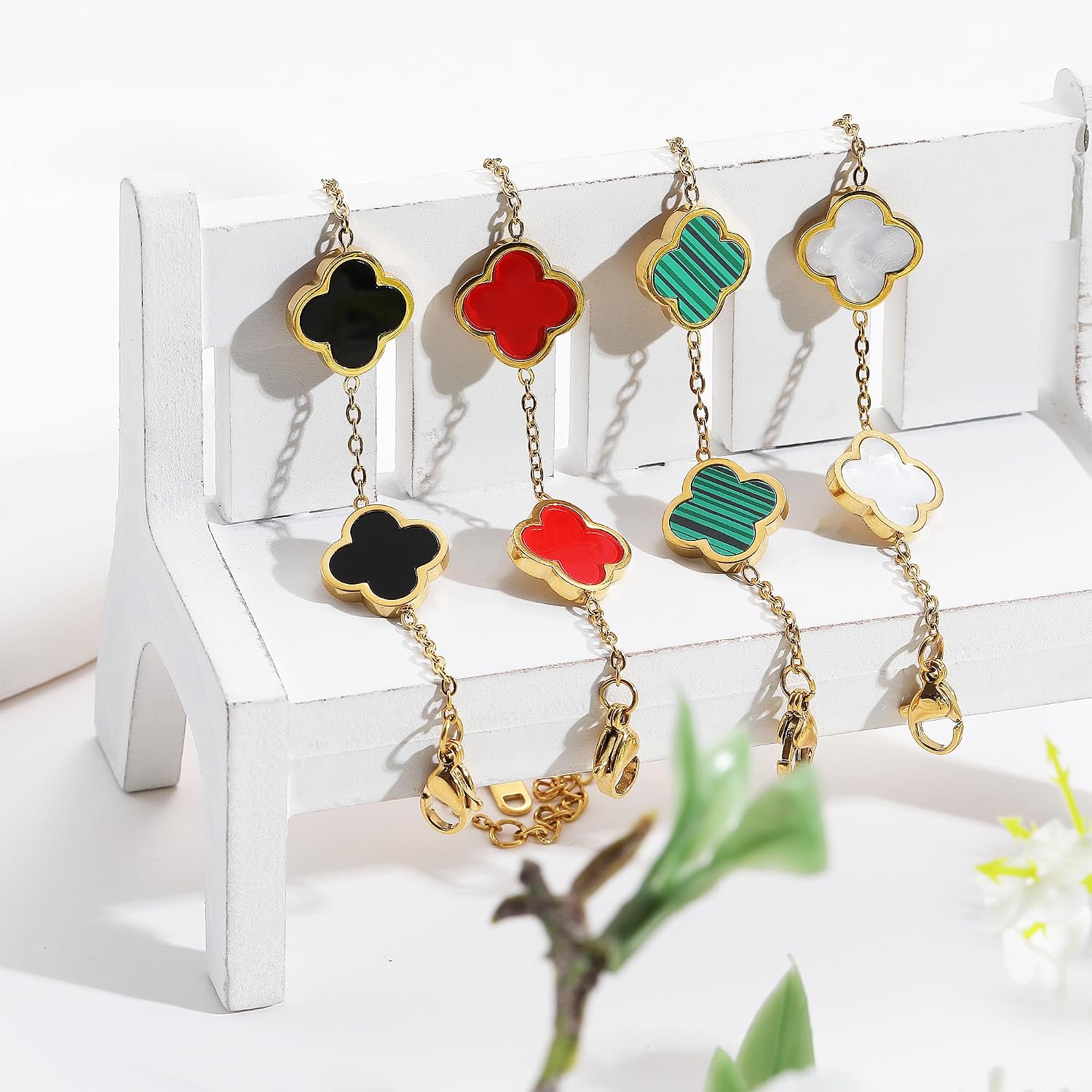 AIPPK 18K Gold Plated Clover Lucky Bracelet for Women White/Black/Red/Green Flower Four Leaf Link Bracelets Trendy Jewelry Gifts for Women - Image 6
