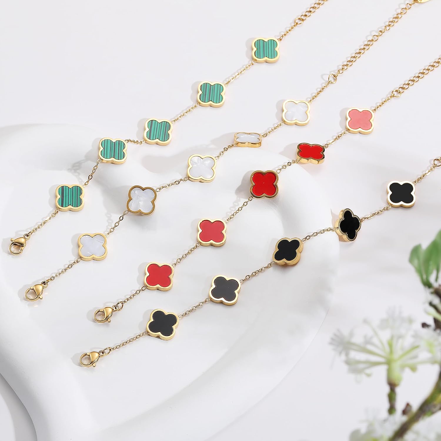 AIPPK 18K Gold Plated Clover Lucky Bracelet for Women White/Black/Red/Green Flower Four Leaf Link Bracelets Trendy Jewelry Gifts for Women - Image 7