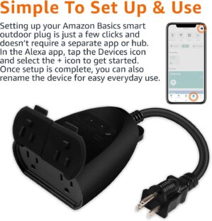 Amazon Basics Outdoor Smart Plug with 2 Individually Controlled Outlets, Works with Alexa Only, Voice Control, Weather Resistant, 2.4 GHz Wi-Fi, No Hub Required, Black