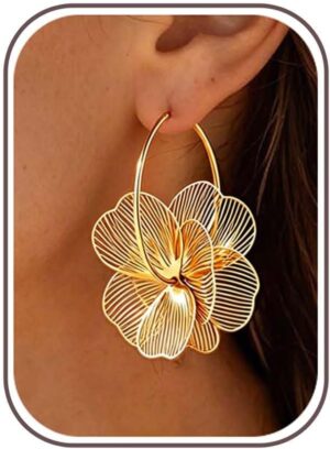 Gold Flower Dangle Earrings for Women Trendy Statement Hoop Earring Jewelry | Hypoallergenic Silver Post Earrings for Sensitive Ears Non Tarnish Lightweight Floral Hoop Earring
