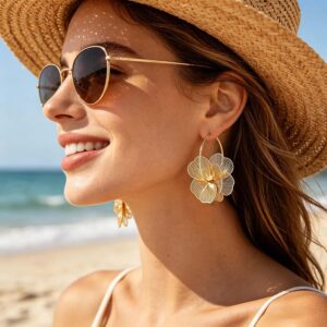 Gold Flower Dangle Earrings for Women Trendy Statement Hoop Earring Jewelry | Hypoallergenic Silver Post Earrings for Sensitive Ears Non Tarnish Lightweight Floral Hoop Earring
