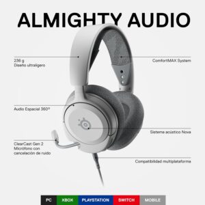 SteelSeries Arctis Nova 1 Multi-System Gaming Headset — Hi-Fi Drivers — 360° Spatial Audio — Comfort Design — Durable — Ultra Lightweight — Noise-Cancelling Mic — PC, PS5/PS4, Switch, Xbox – White