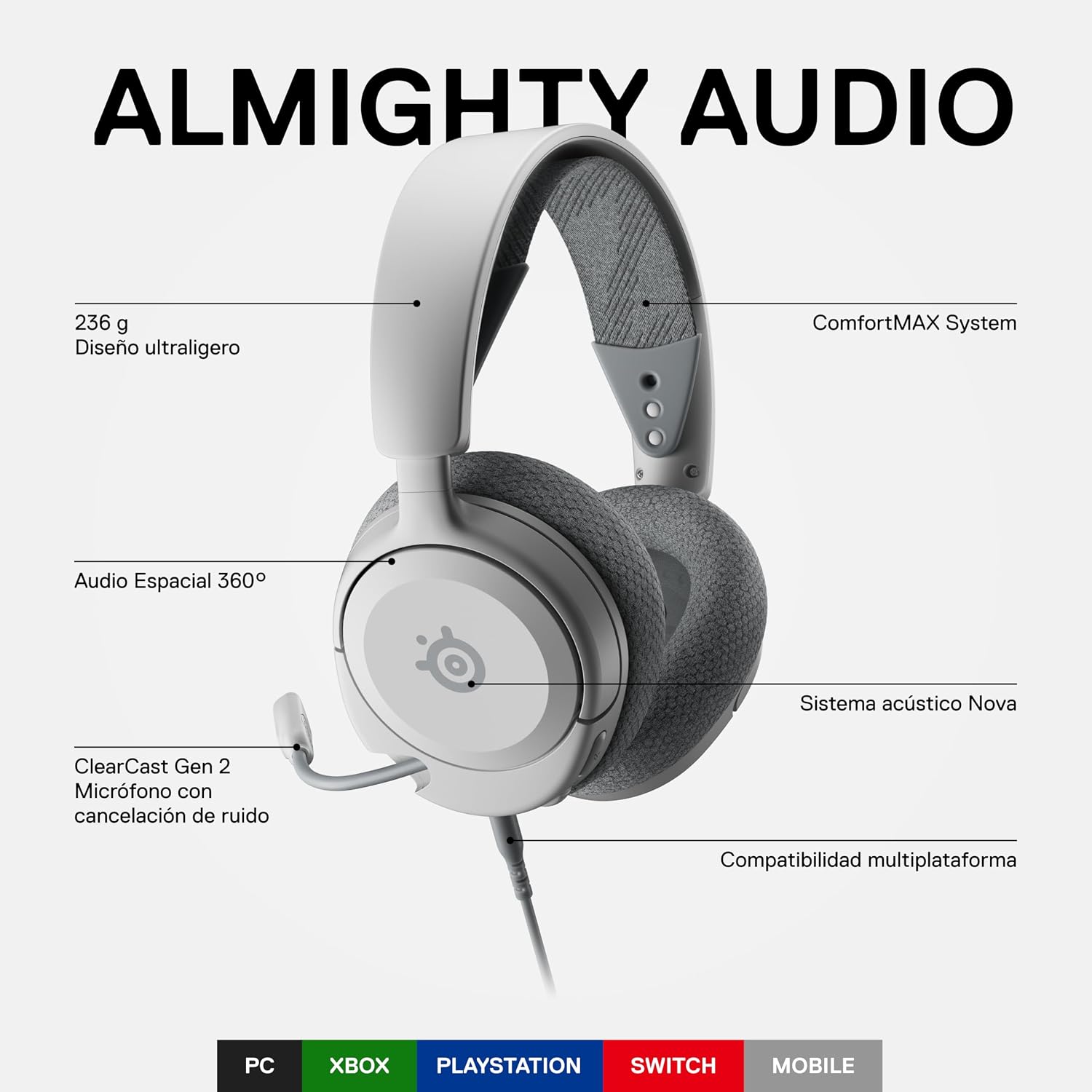 SteelSeries Arctis Nova 1 Multi-System Gaming Headset — Hi-Fi Drivers — 360° Spatial Audio — Comfort Design — Durable — Ultra Lightweight — Noise-Cancelling Mic — PC, PS5/PS4, Switch, Xbox - White - Image 2