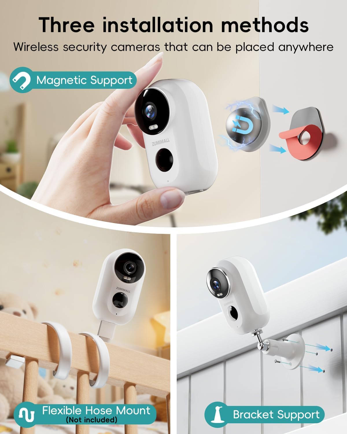 ZUMIMALL Security Cameras Wireless Outdoor with Magnetic Mount, No-Drill Installation, 2K Battery Powered Cameras for Home Security Indoor, 2.4G WiFi, Color Night Vision/130° View/AI Detection/Alexa - Image 2