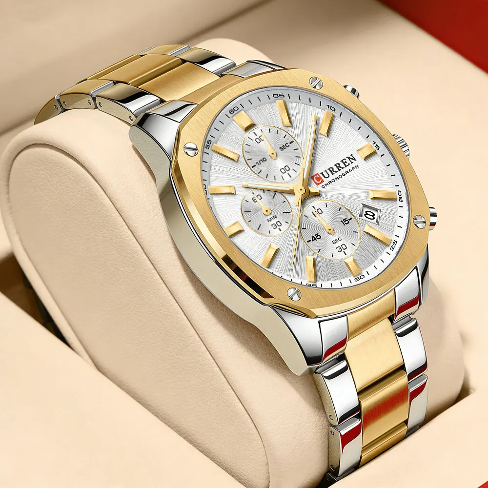CURREN Modern Men's 42mm Sport Watch - Stainless Steel Band Chronograph & Date,Glow-in-the-Dark Hands, Casual Quartz Wristwatch