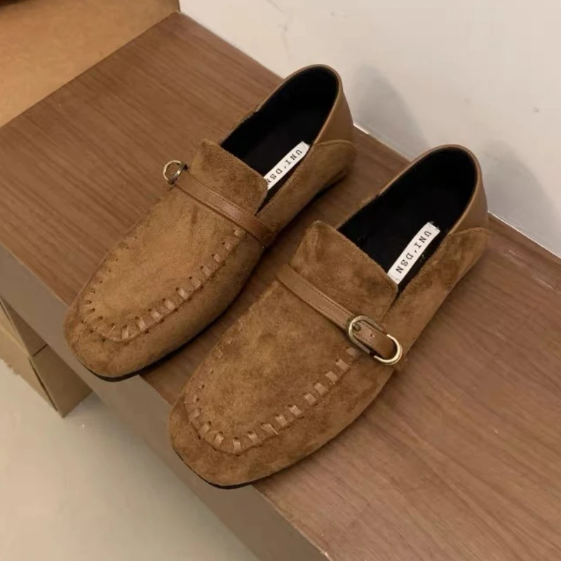 Elegant Suede Square Toe Flat Shoes Women Belt Buckle Comfort Casual Shoes Autumn Footwear Female Leopard Retro Loafers Women