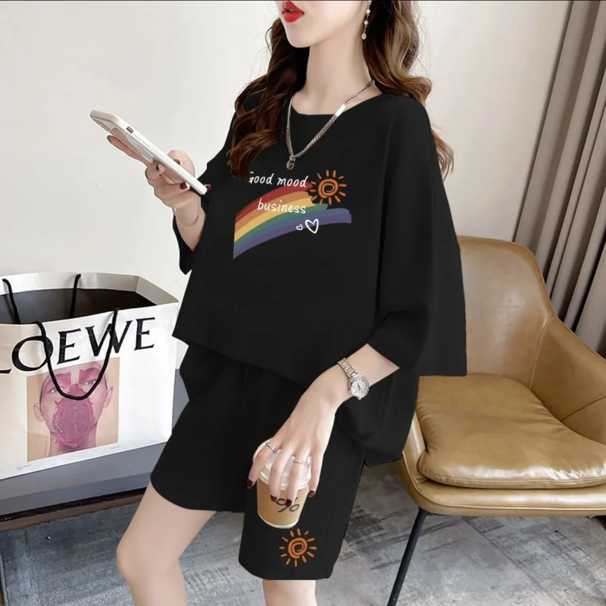 Fashion women's summer shorts set, sportswear, oversized short sleeved T-shirt, 2-piece set, sportswear, women's casual clothing
