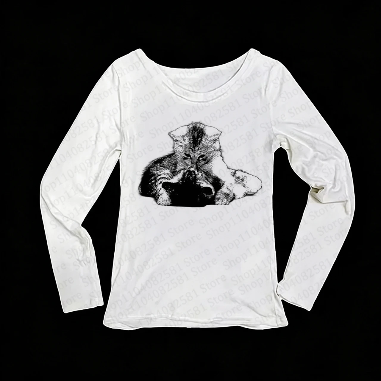 Gothic style 2000s street long sleeved aesthetic retro clothing Y2K style Kawasaki cat print baby T-shirt summer emo girl punk