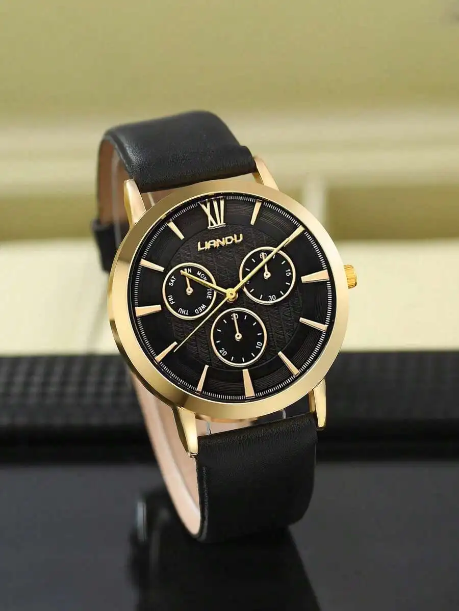 LIANDU LIANDU 1 Set Men's Fashion Casual Quartz Round Dial Watch And Lion Head Beaded Bracelet Jewelry Set, Suitable For Daily
