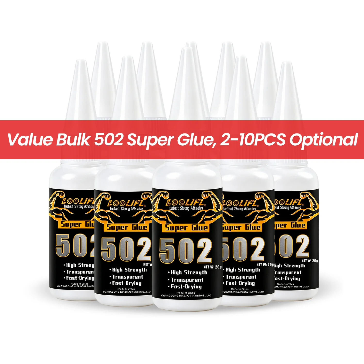 LOOLIFL-502 super glue, a multi-functional, strong, fast-drying adhesive suitable for various materials such as footwear, ceramics, plastics, wood, and metal. It is transparent and waterproof, used as welding glue, craft glue, rhinestone glue, woodworking glue, shoe glue, metal glue, leather glue, PVC glue, ceramic glue, and is ideal for art sewing supplies and handmade tools. Comes with a dropper for precise dispensing