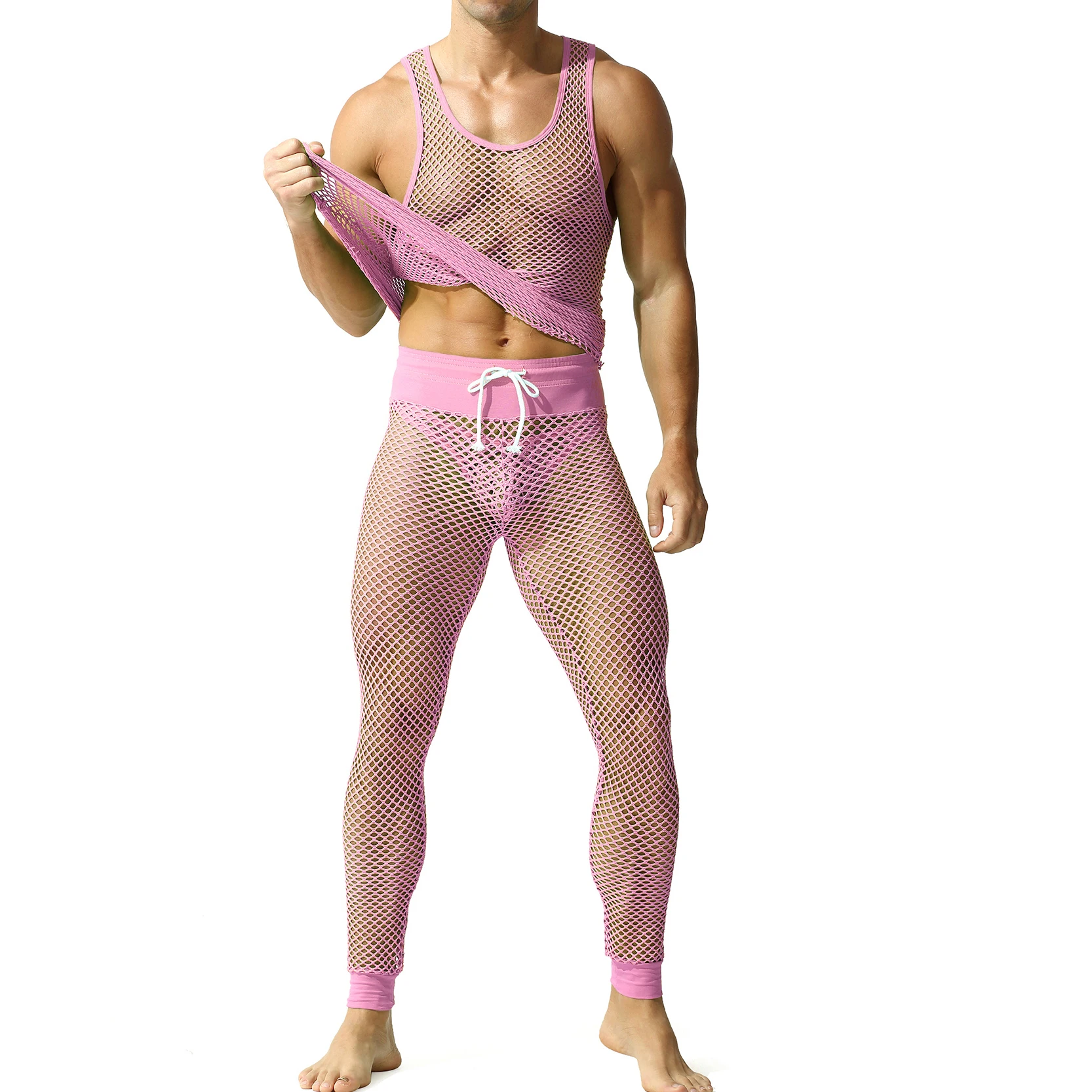 Sexy Fishnet Men's Tank Top Sets Hollow Out Vests + Tight Pants Clothing Set See-through Sports Wear