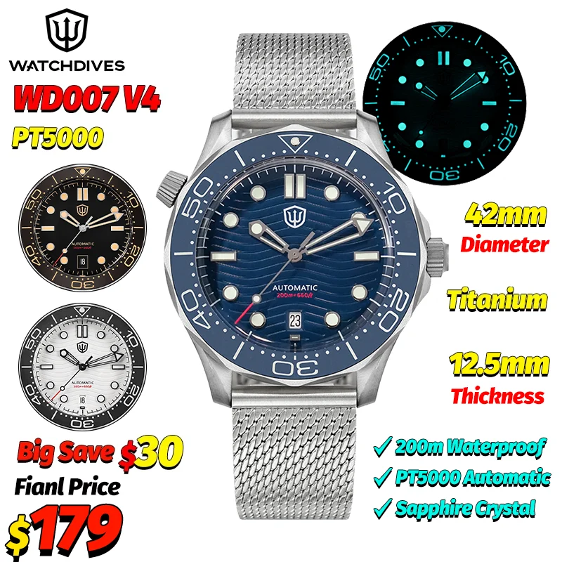 Watchdives WD007 V4 Automatic Dive Watch 200M Waterproof PT5000/SL3001 Titanium Case Sapphire Crystal Mens Vintage Watch Gift