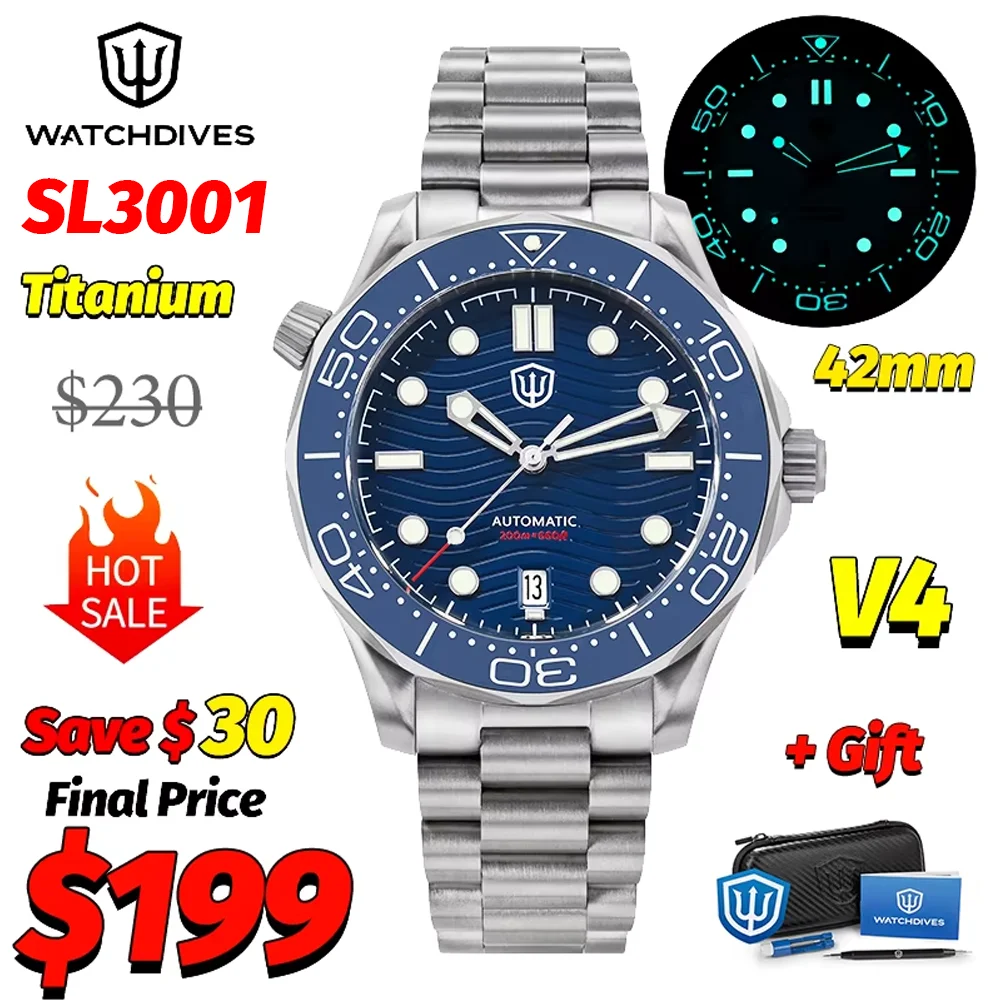 Watchdives WD007 V4 NTTD Mechanical Titanium Watch 42Mm Automatic PT5000/SL3001 Sapphire 200M Waterproof Luxury Watches Man Gift