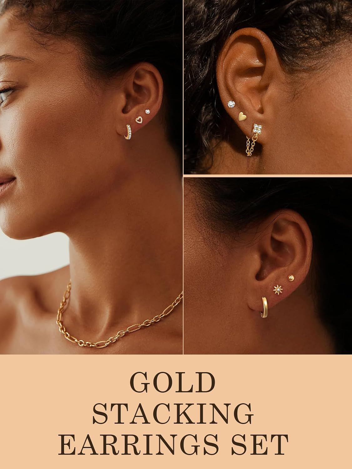 Hypoallergenic Small Gold Stud Earrings for Women 14K Gold Plated CZ Chain Hoops Hypoallergenic Earrings Dainty Clover Flower Heart Bow Stud Earrings for Jewelry Gift - Image 3