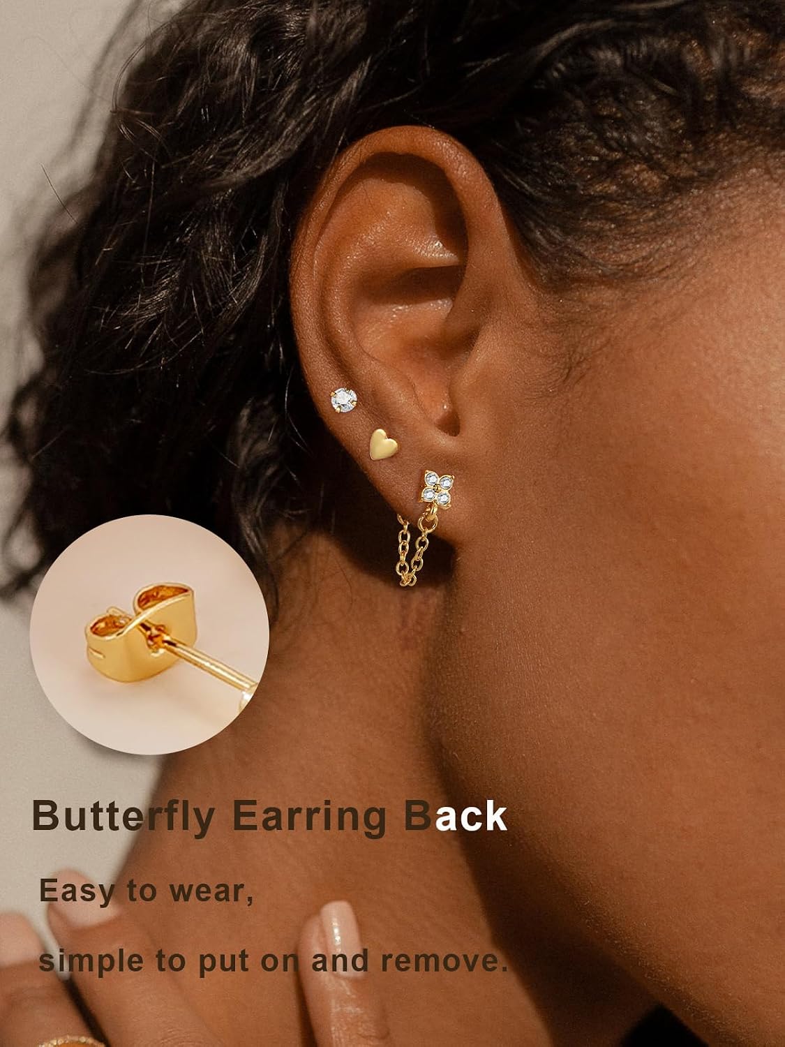 Hypoallergenic Small Gold Stud Earrings for Women 14K Gold Plated CZ Chain Hoops Hypoallergenic Earrings Dainty Clover Flower Heart Bow Stud Earrings for Jewelry Gift - Image 4